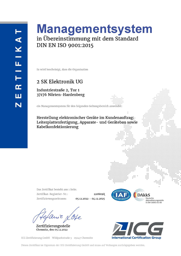 Zertifikat zertifiziert ISO 9001 2SK Elektronik UG Electronic Manufacturing Services (EMS) - Elektronischer Fertigungsdienst